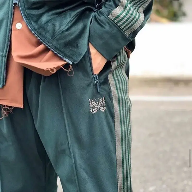 Special Offer: Needles Butterfly Embroidery Loose Casual Blue Velvet Straight Wide-Leg Unisex Japanese Style Long Pants