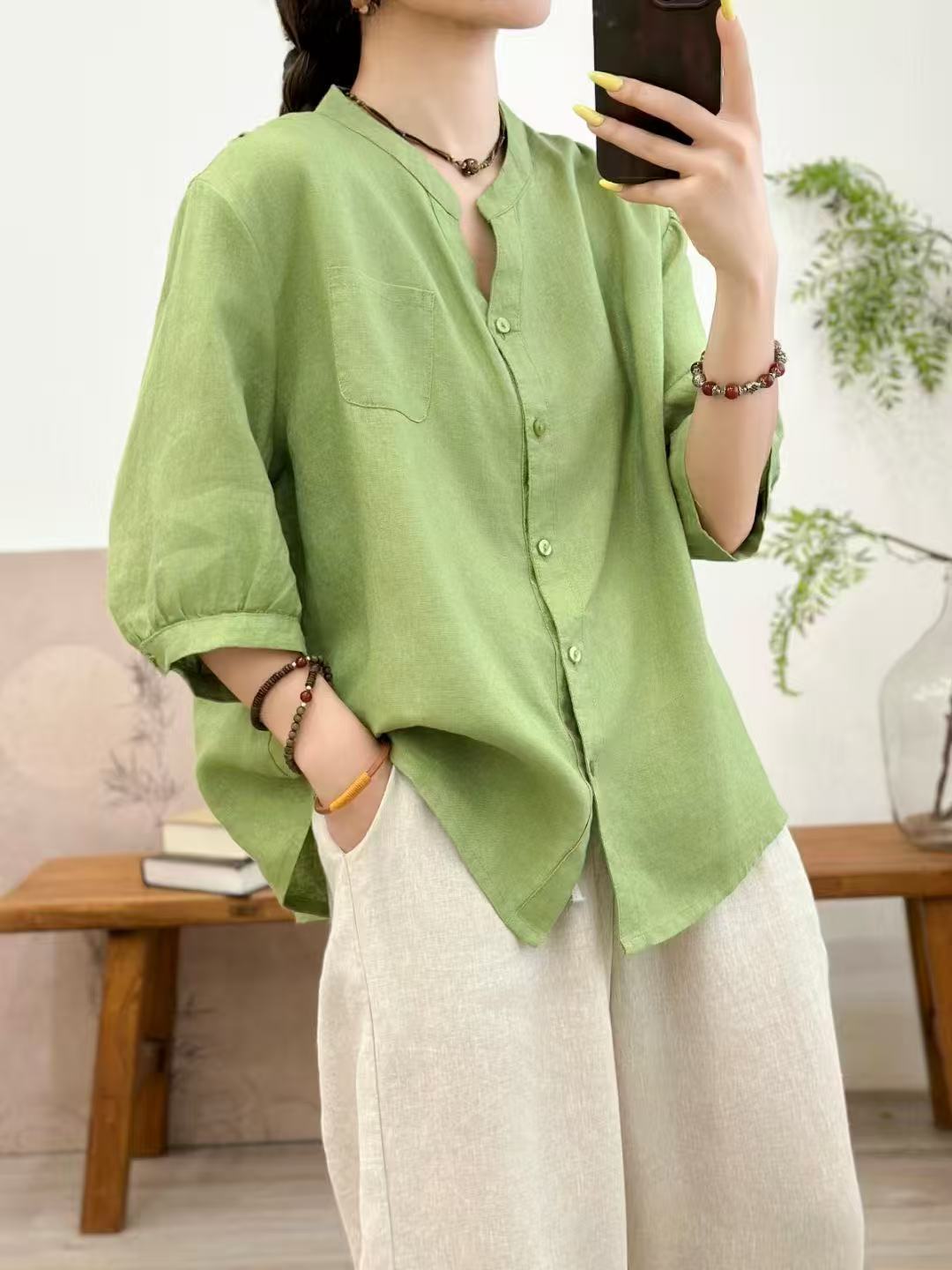 2025 New Summer V Neck Hemp Mid-Sleeve Shirt for Women Retro Literary Pure Color Loose Casual Elegant Top Thin