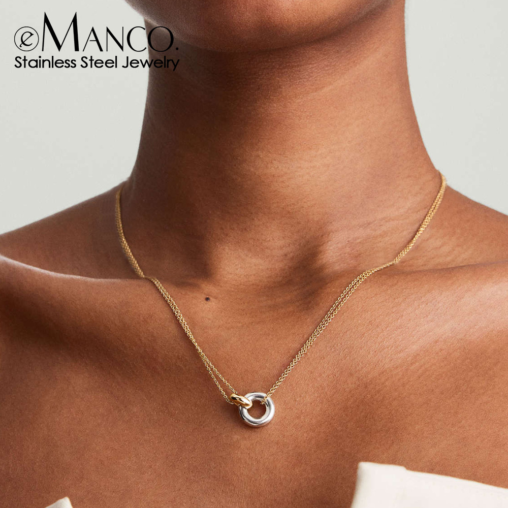 Emanco Cross-Border New Stainless Steel Two-Color Electroplating Necklace Geometric Round Pendant Fashion Necklace Wholesale