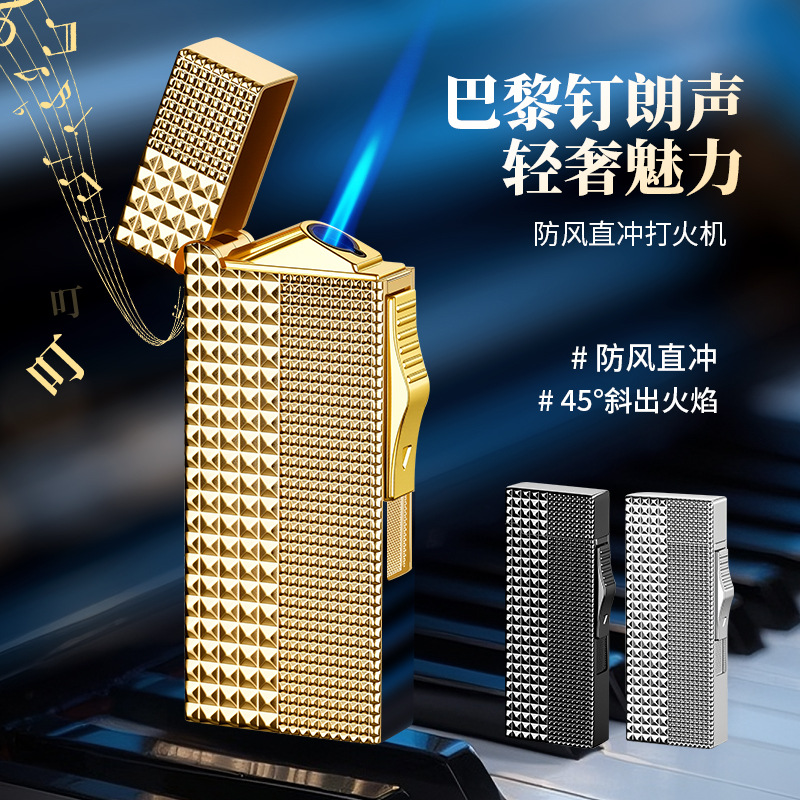 Pl176 Wavy Pattern Paris Nail Steel Sound Loud Oblique Fire Straight Blue Flame Windproof Inflatable Lighter Wholesale