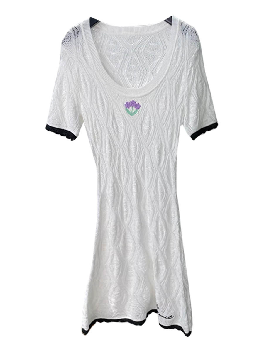 Sp Celebrity Style 2026 Spring/Summer New French-Style Knitted Hollow-Out White Dress with Embroidery and Short Sleeves, Mid-Length Dress