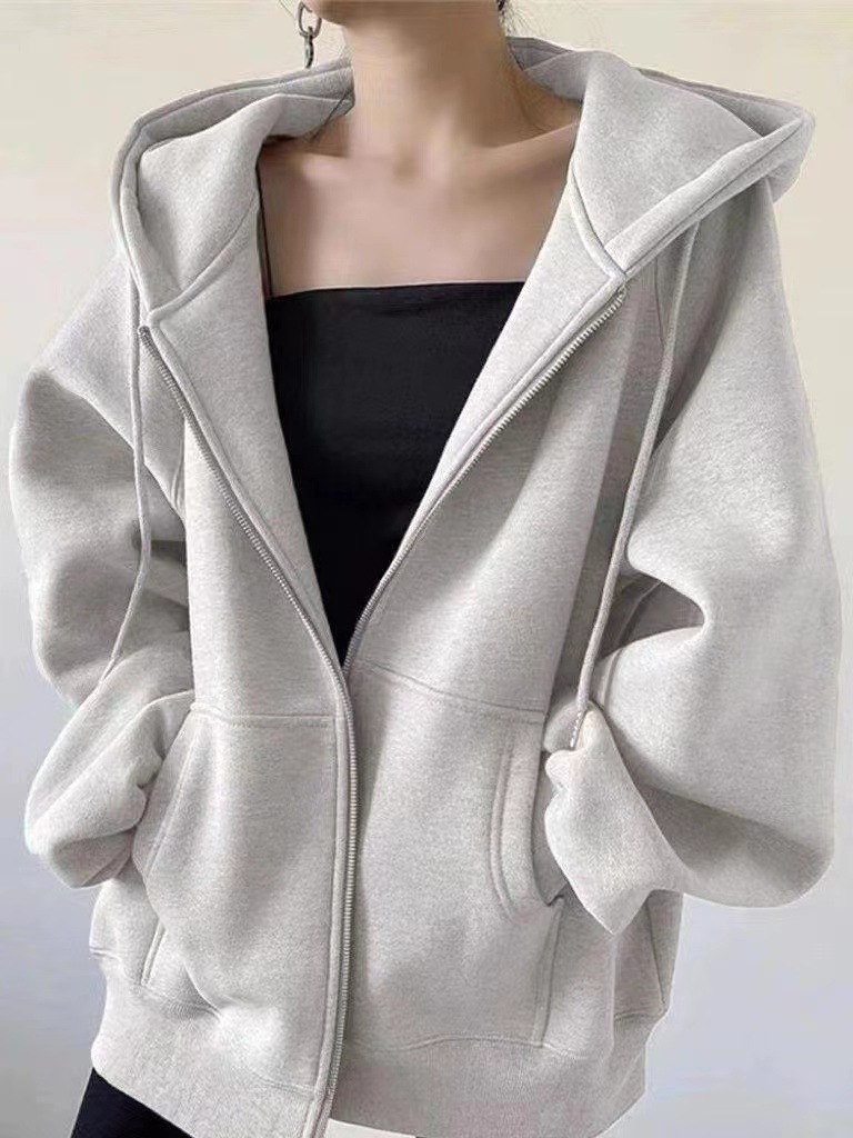 Solid color cardigan sweater coat women's 2024 explosions autumn and winter fleece-lined American retro lazy wind hooded loose top