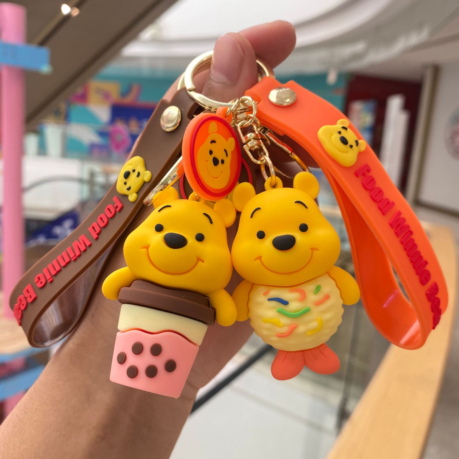 Creative cartoon dessert Winnie the Pooh keychain cute cheese fries small yellow bear pendant bag ornaments wholesale