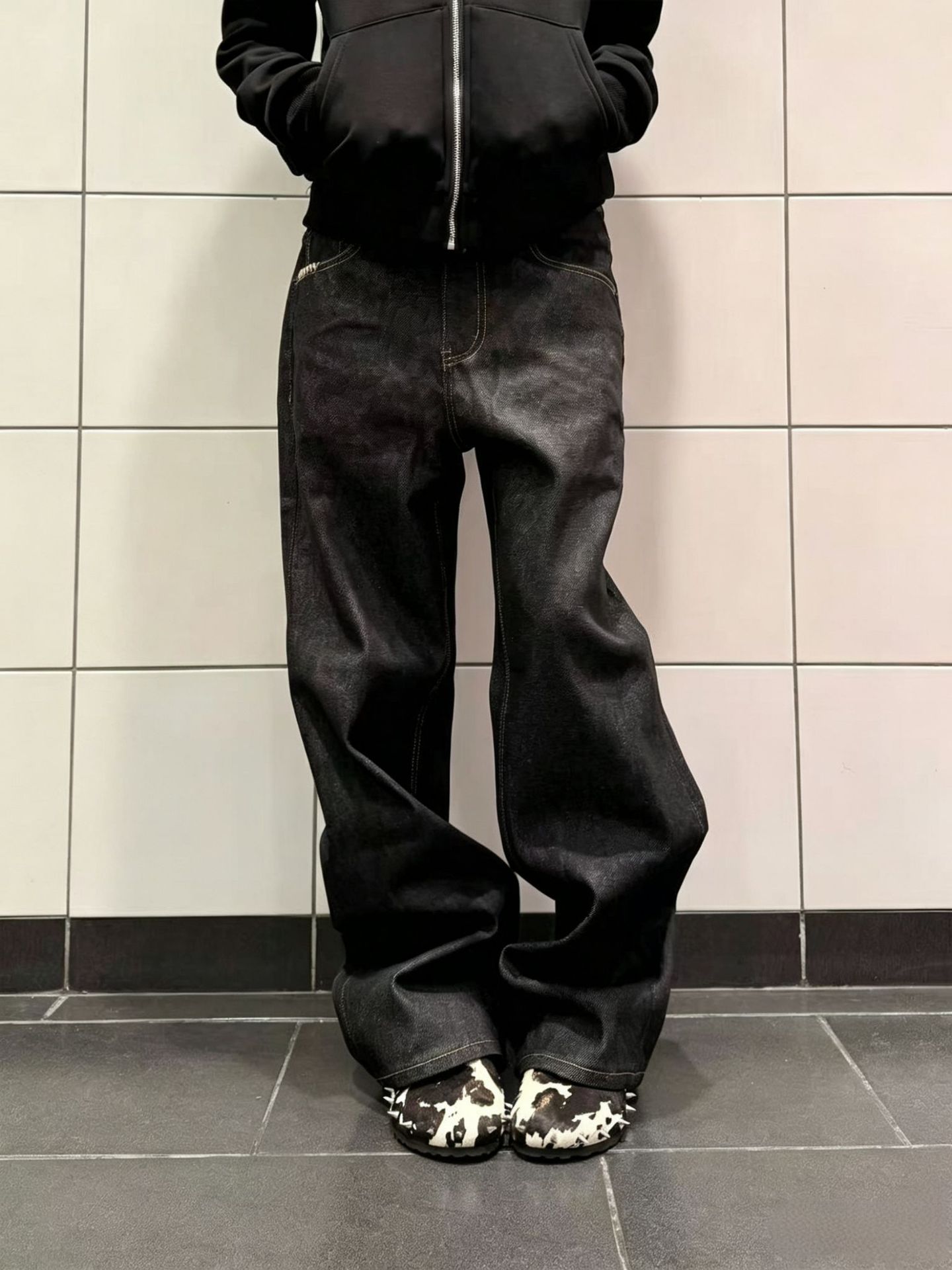 American Retro Hand-Stitched 13-Ounce Raw Denim Non-Fading Jeans Unisex Loose A-Line Straight-Leg Pants Trendy Brand