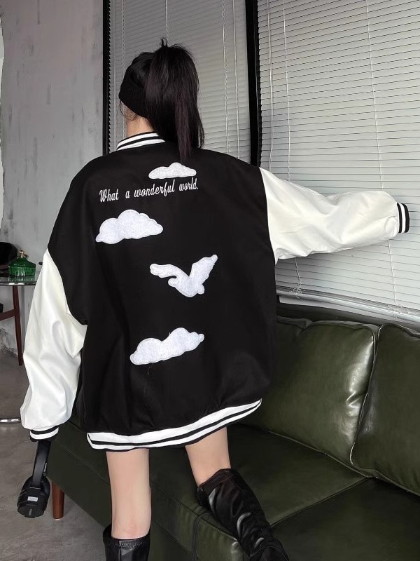 Blue letter printed stitching baseball uniform women's autumn and winter jacket student class uniform thin couple back printed jacket