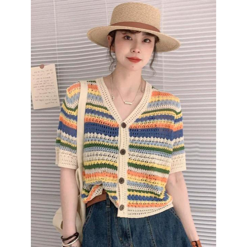 Thin Summer New Short-Sleeved Colorful Striped Hollow Knitted Sweater Tops Women's Cardigans