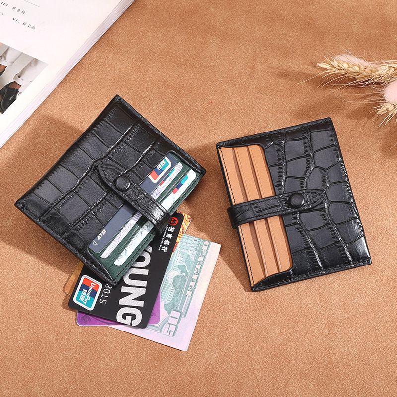 2021 New Leather Mini Card Holder Fashionable Contrast Color Ultra-thin Top Layer Cowhide Stone Pattern Multi-card Buckle Card Holder