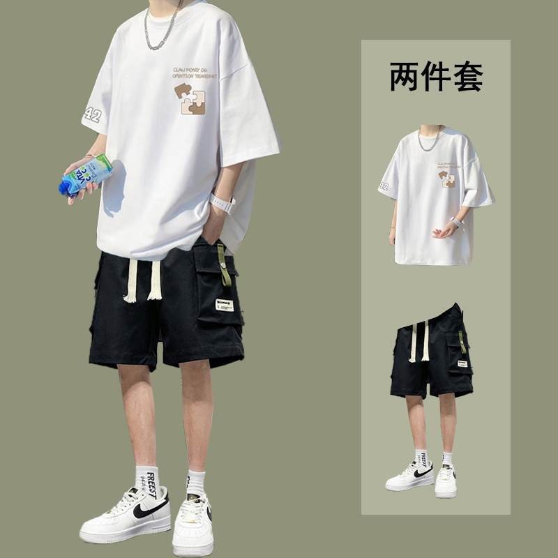 Short-sleeved suit men's summer fashion brand loose casual men's clothing with work shorts handsome T-shirt clothes a set