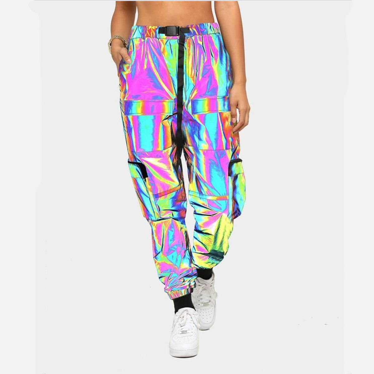 2025 Tactical Functional Colorful Reflective Overalls Women's Nightclub Cool Luminous Pants European and American Multi-Pocket Leg Pants