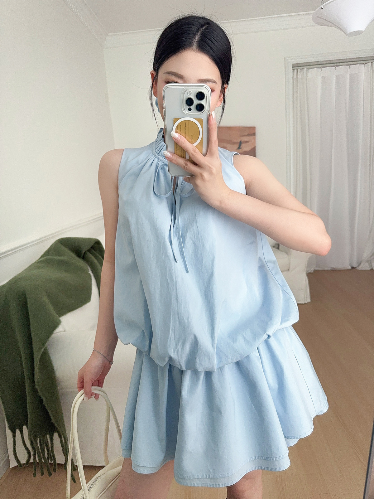 26 Summer New Sleeveless Dress with Lace Collar, Tie Waist, Bubble Hem, Jellyfish Dress, Solid Color, Loose Fit, Cotton Dress