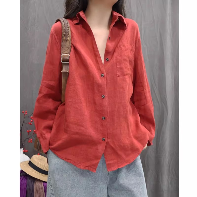 2026 Spring and Autumn Vintage Cotton and Linen Washed Distressed Solid Color Long Sleeve Top Artistic Casual Loose Versatile Shirt