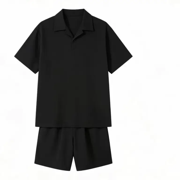 Front symmetrical flip cover pocket, left pocket, double leather gold circle, Le Wei logo full four Ye shirt short sleeved set 77020102