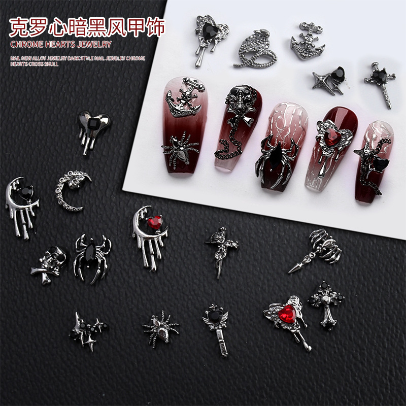 Crow Heart Punk Style Hot-Selling Halloween Nail Art Accessories Alloy Cross Embellishment Black Diamond Dark Style Nail Art Accessories