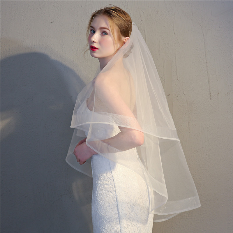 Double-Layer Korean Style Bridal Veil for Travel Photography and Marriage Registration, Short Elastic Mesh-Edged Korean Veil, Wedding Accessories