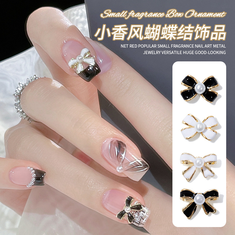 Nail Art Small Fragrance Style Bow Nail Decorations 2026 New Model with Pearls and Rhinestones, Crystal Rhinestones, Light Luxury