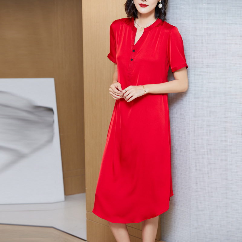 Mumi Silk Dress Summer New Satin Mulberry Silk V-Neck 2-Button Loose Plus Size Long Dress 316 Short Sleeve