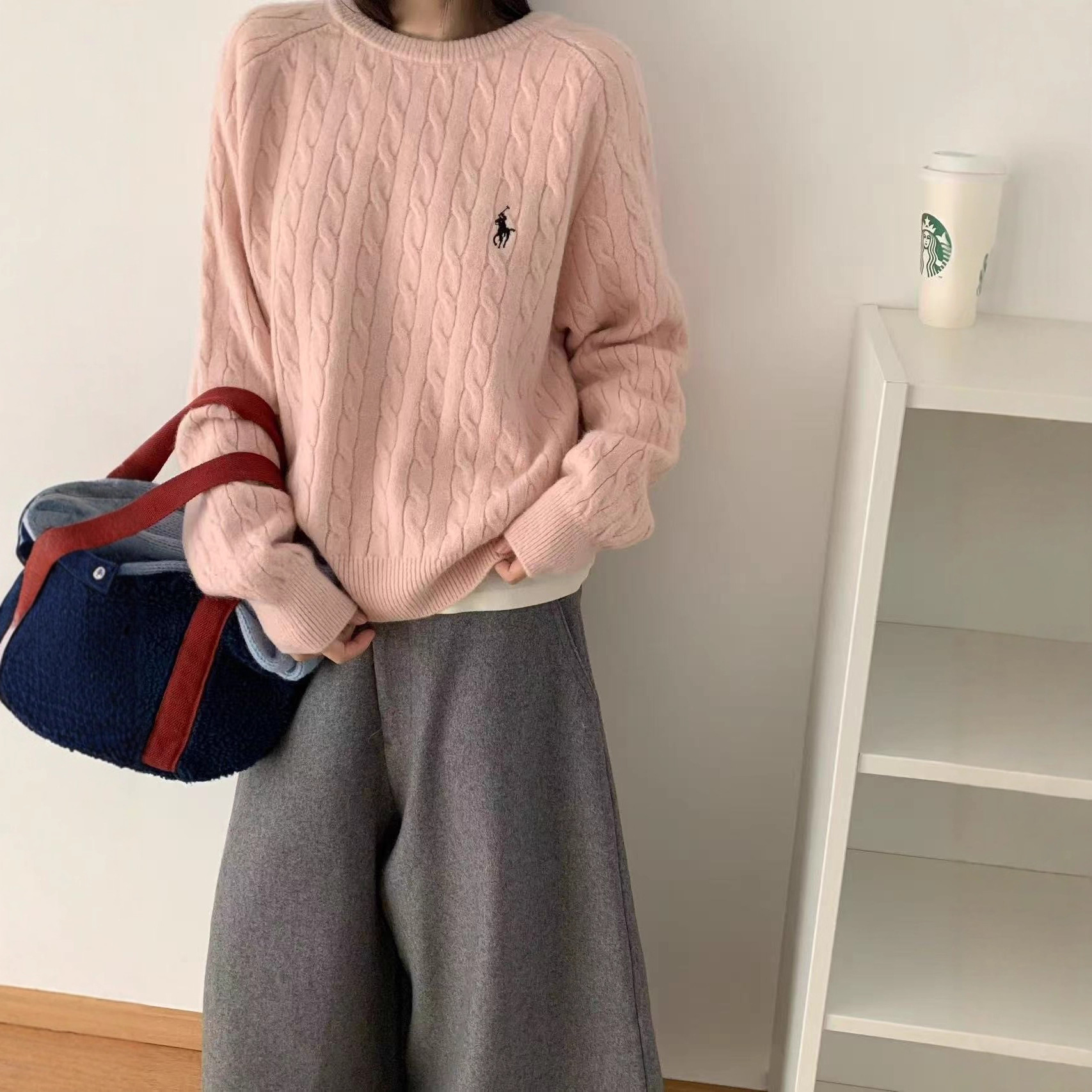 Korean-Style Lazy Style Red Cable-Knit Sweater for Women, Autumn and Winter Outfit, Soft and Loose Embroidered Pony Sweater