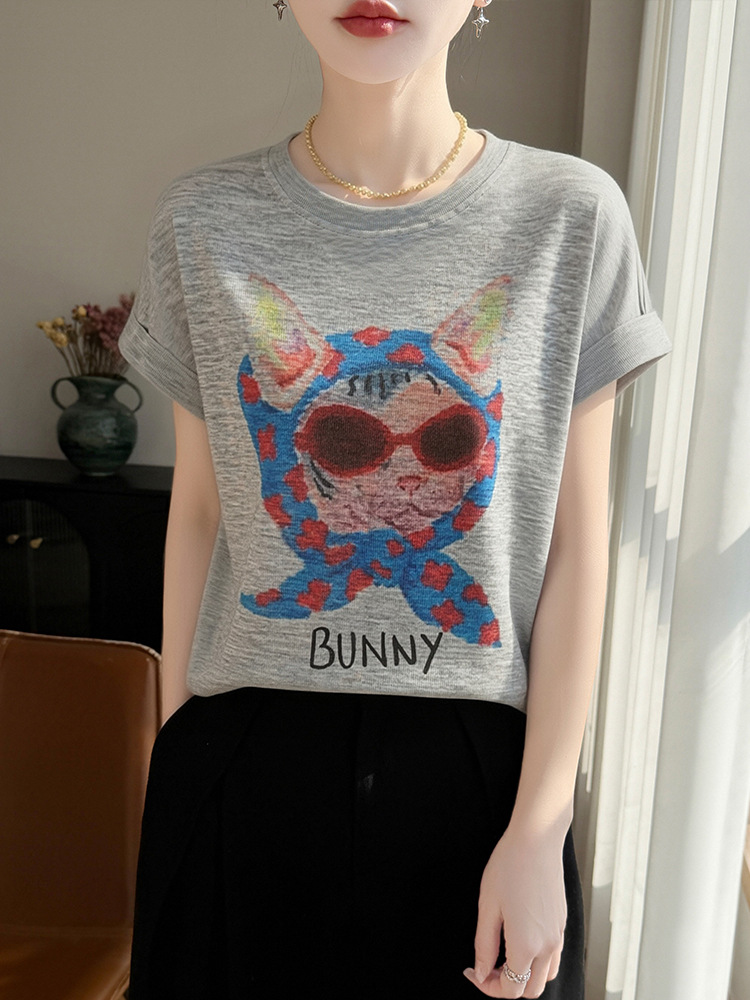 2026 Summer Cartoon Cat Print Short Sleeve T-Shirt for Women, Thin Round Neck Loose Fit, Youthful Casual Versatile Knitted Top
