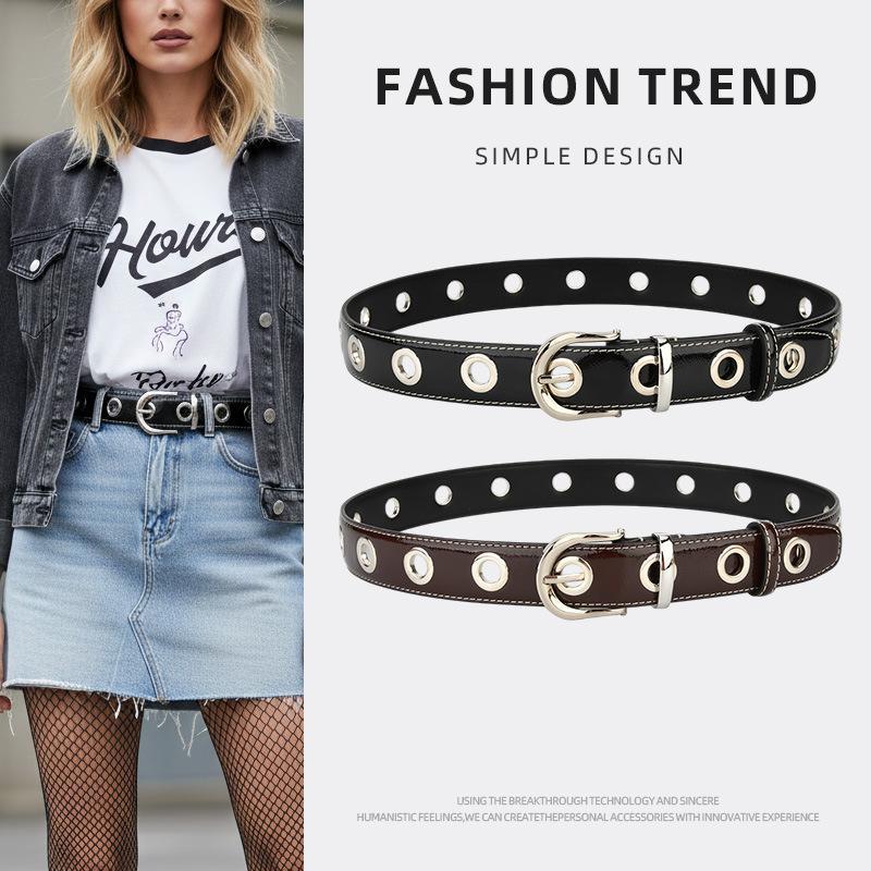 Fashionable Top-Layer Cowhide Leather Belt with Metal Round Hole Decoration, High-End Pin Buckle, Versatile for Jeans and Casual Pants
