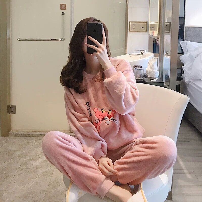 Pajamas Women's Winter Flannel Korean-style Long-sleeved Thickened Fleece-lined Coral Fleece Cute Autumn and Winter Home Suit for Women