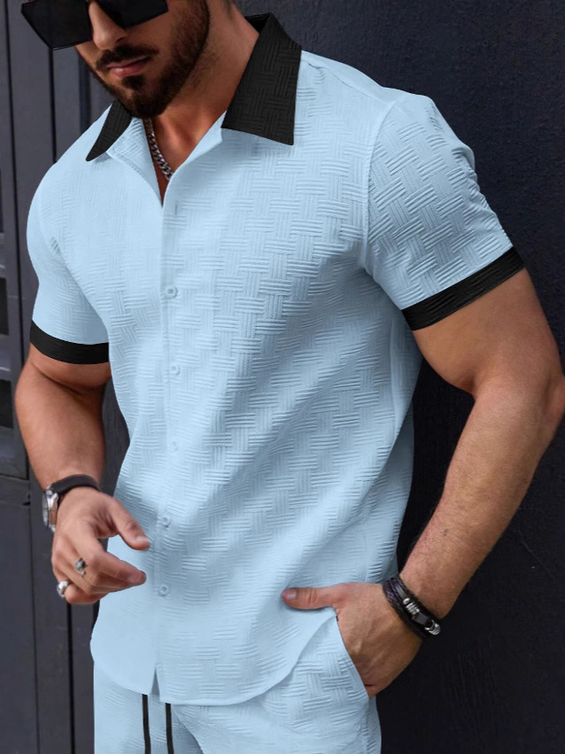 2025 summer cross-border new European and American men's daily leisure striped jacquard color matching lapel short sleeve shirt