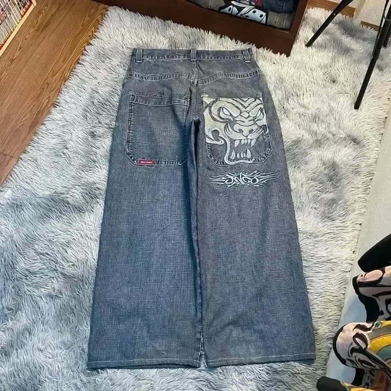 Cross-Border American Retro Loose Jeans for Men, Street Hip-Hop Print Trendy Versatile Harajuku Wide-Leg Pants Wholesale