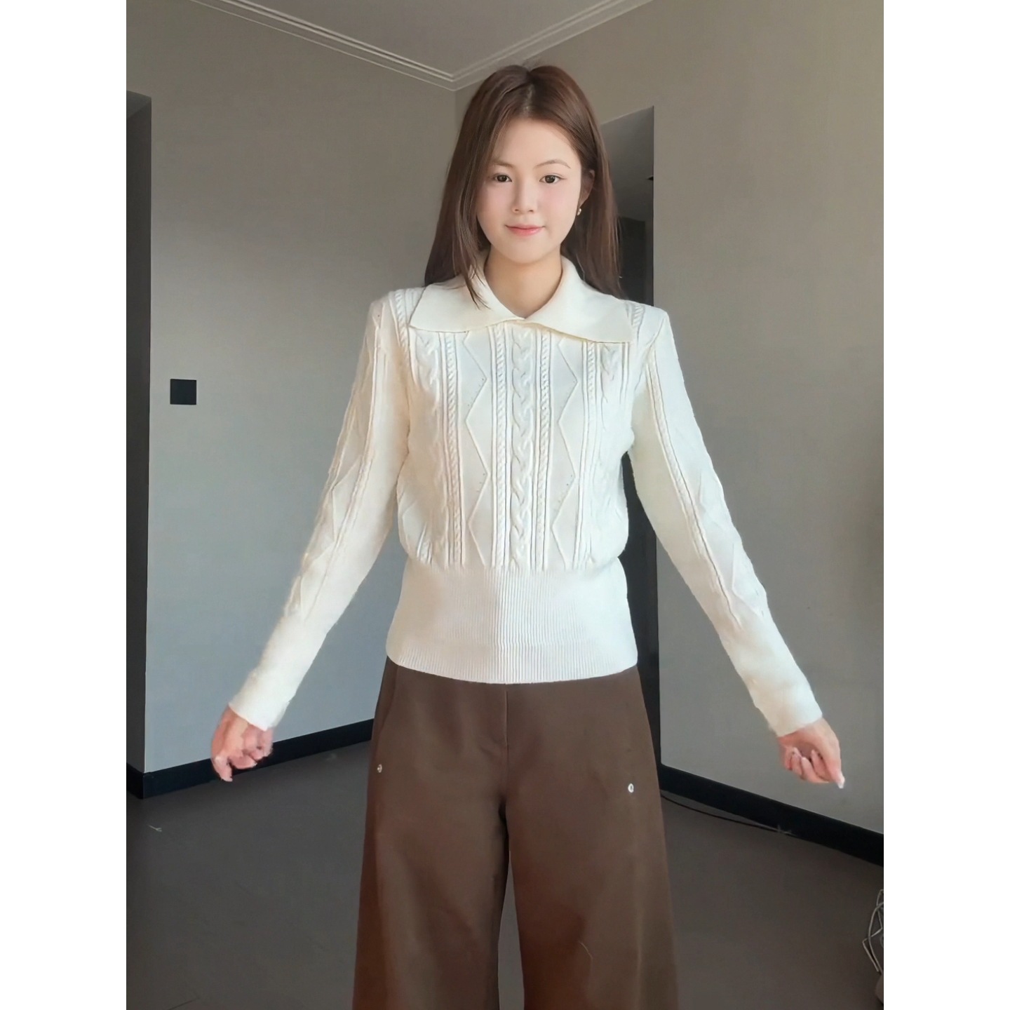 Twisted Pattern Polo Collar Knit Sweater, Spring Casual College Style Long-Sleeve Inner Top for Women, Autumn and Winter Base Layer Shirt