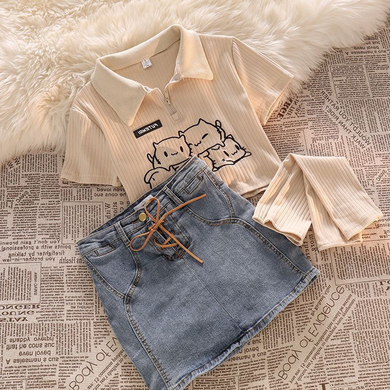 Summer Girls suit Baby Western Style Children's Personalized Trendy Online Popular Korean Style Cartoon Lapel Polo Shirt Denim Skirt