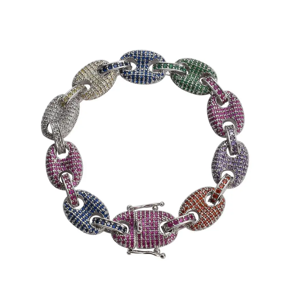 Gu-Link Necklace Color Zircon Pig Nose Chain Coffee Bean Chain Real Gold Plating hip hop Bracelet