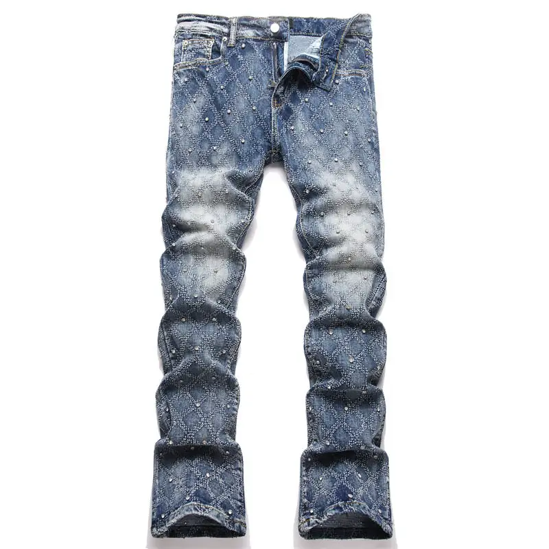 Men's Straight Flared Jeans Men's Blue Plaid Nail Bead Straight Tube Slimming Trumpet Jeans