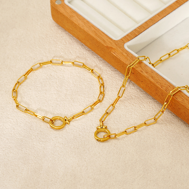 New Cross-Border Hot-Selling Simple Versatile Women's Titanium Steel Paperclip Ot Clasp Gold Rectangular Chain Necklace Bracelet Wholesale