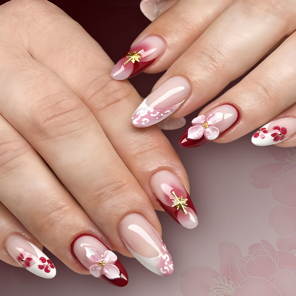Spring and Summer Cherry Blossom Embossed Gold-Plated Water Drop Nail Art 3D Floral High-End Wearable Nails 24 Pieces Resin French Nails