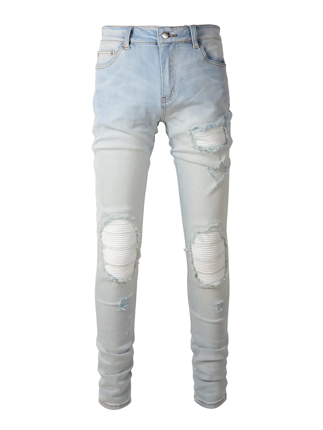 Europe and the United States high street tide AMR new light-colored patches hole jeans men's elastic Slim thin small leg pants