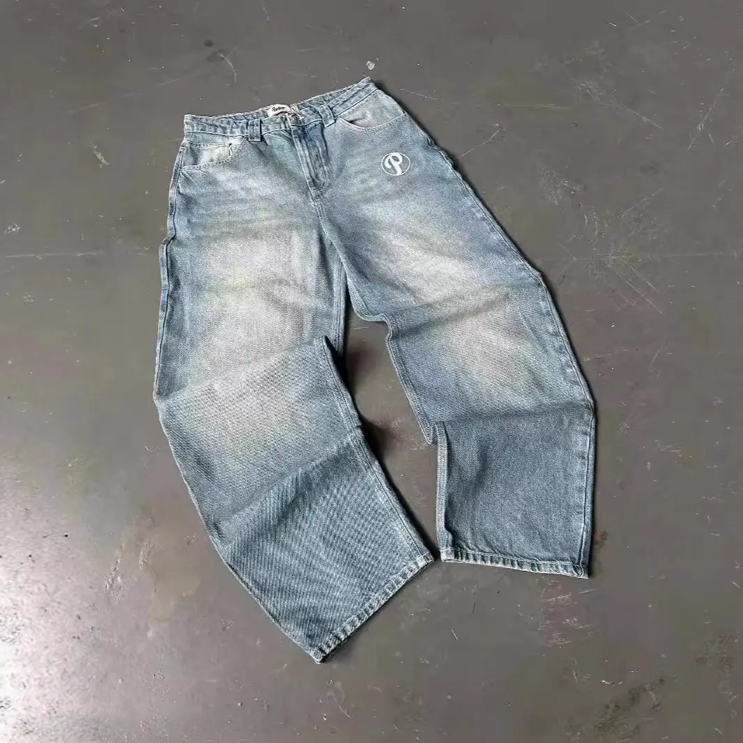 Cross border e-commerce street jeans Y2K Harajuku hip-hop letter retro blue loose high waisted wide leg pants