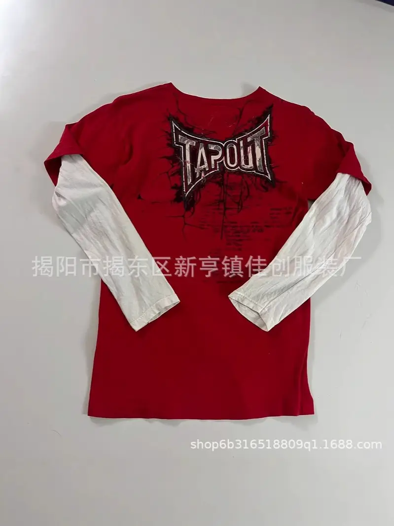 2024 Summer New American Style Washed Long-sleeved Round Neck Pullover Shirt Loose Casual Fake Two-piece Fashionable Top for Men