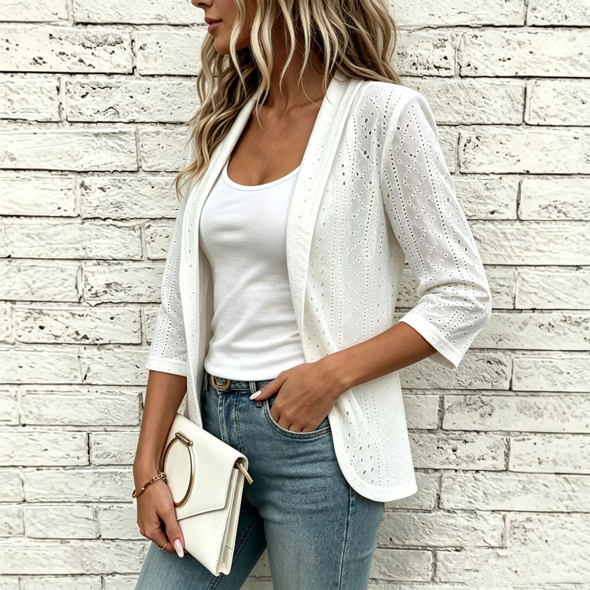 European and American New Style Women's Elegant Hollow Cardigan Solid Color Half-Sleeve Eyelet Embroidery Fashion Jacket