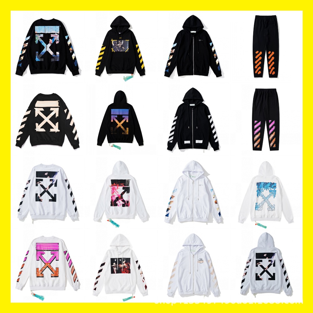 [off autumn and winter series] OW arrow graffiti fireworks 99 rubber strip printed sweater couple zipper hoodie pants