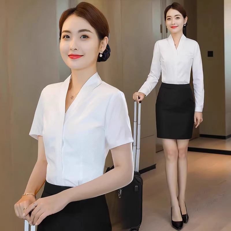 Flight Attendant Uniform Professional White Shirt for Women 2025 Summer New Style Flight Attendant Interview Formal Wear V-Neck Uniform Shirt