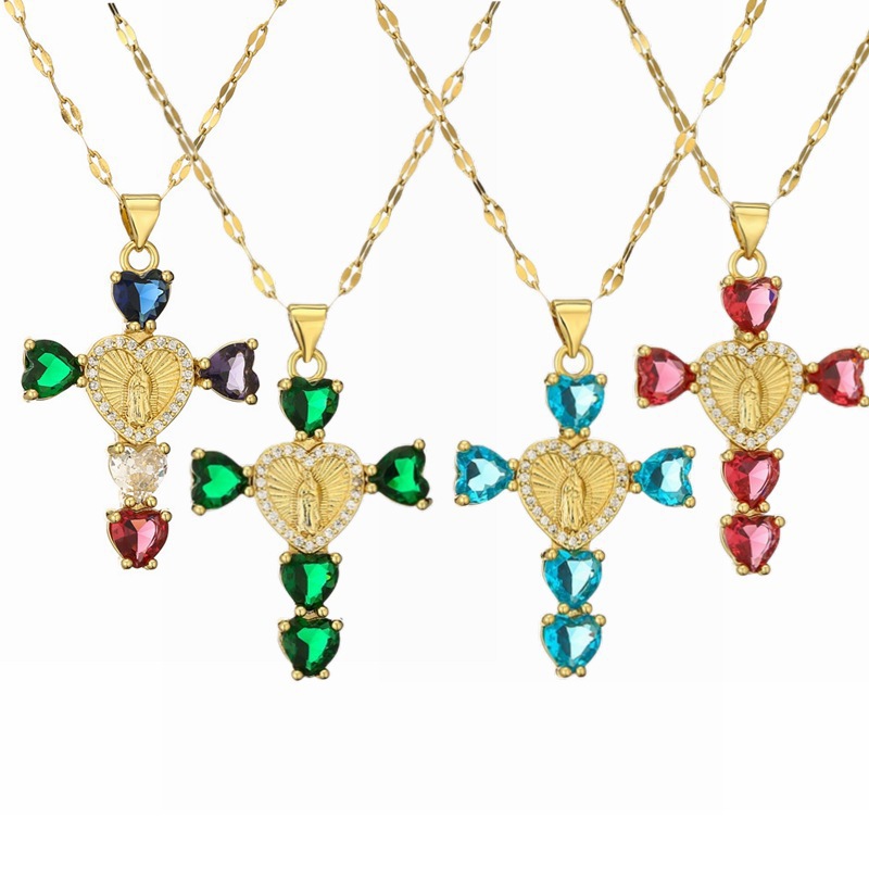 Cross-Border Hot-Selling Zircon-Inlaid Heart-Shaped Virgin Mary Cross Pendant Niche Ins-Style Heart-Shaped Collarbone Chain Wholesale Supply
