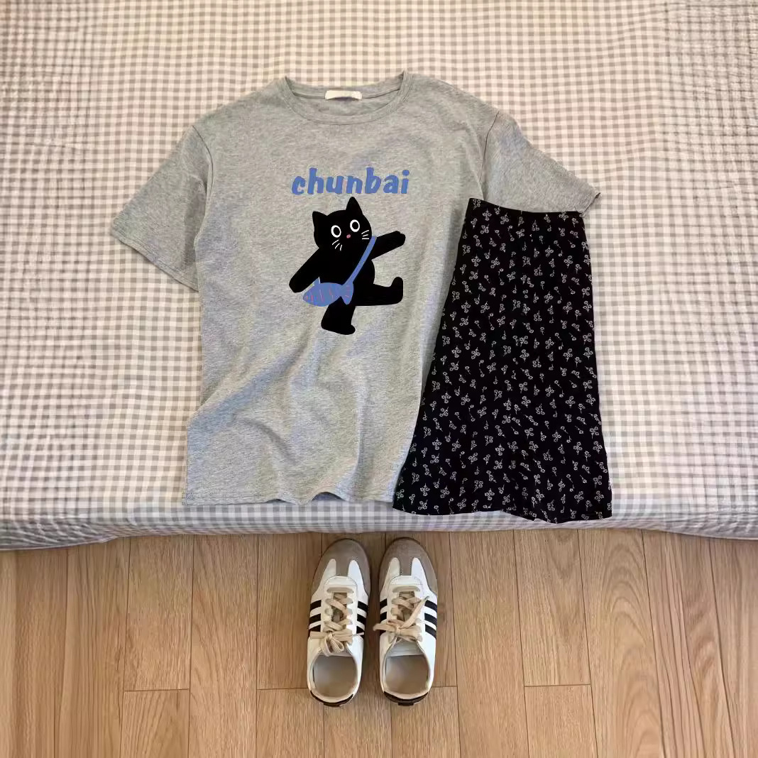 2026 Summer Cat Print Short Sleeve Women's Korean Style Youthful Top Fashionable Pure Cotton Slim Fit T-Shirt Versatile