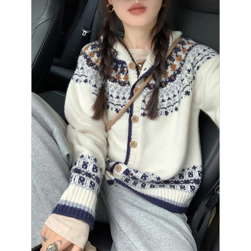 Kaning Retro Fair Isle Jacquard Knitted Cardigan for Women 2026 Autumn and Winter New Style Soft and Fluffy Sweater Jacket