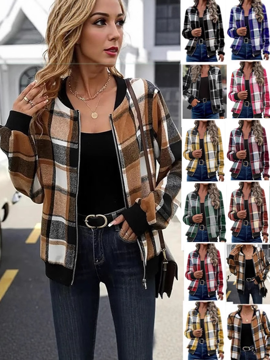 2025 Amazon New Cross-Border European and American Style Commuter Women's Plaid Zipper Baseball Jacket Autumn and Winter Jacket