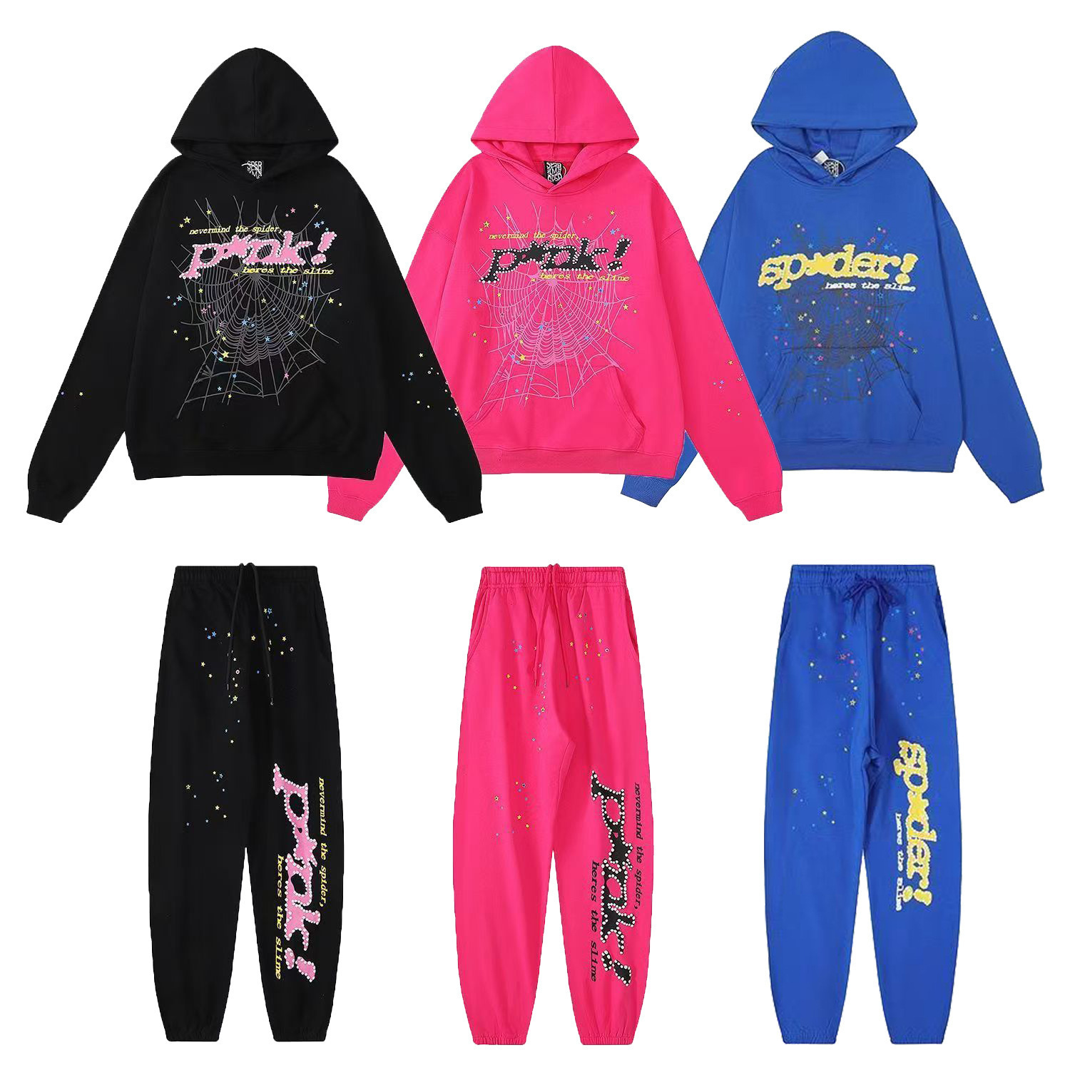 Popular Sp5Der 5555 Pink American Trendyy Street High Weight Loose Hooded Sweatshirt Suit for Men and Women