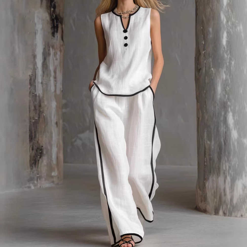 2026 Spring/Summer New European and American Style Sleeveless Simple Elegant Comfortable V-Neck Black Trim Contrast Color