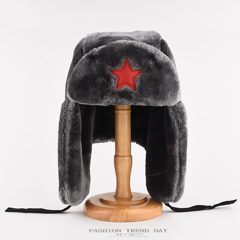 Plush Lei Feng Hat Men's Winter Thick Fleece Big Head Cotton Hat Red Five-pointed Star Outdoor Northeast locomotive Hat Women