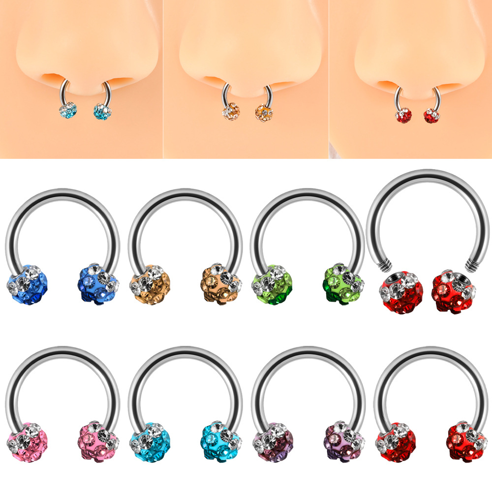 Cross-Border Stainless Steel U-Shaped Earrings Horseshoe Non-Drip Oil Full Diamond Ball Stainless Steel Outer Tooth Nose Nail Piercing Nose Ring Jewelry