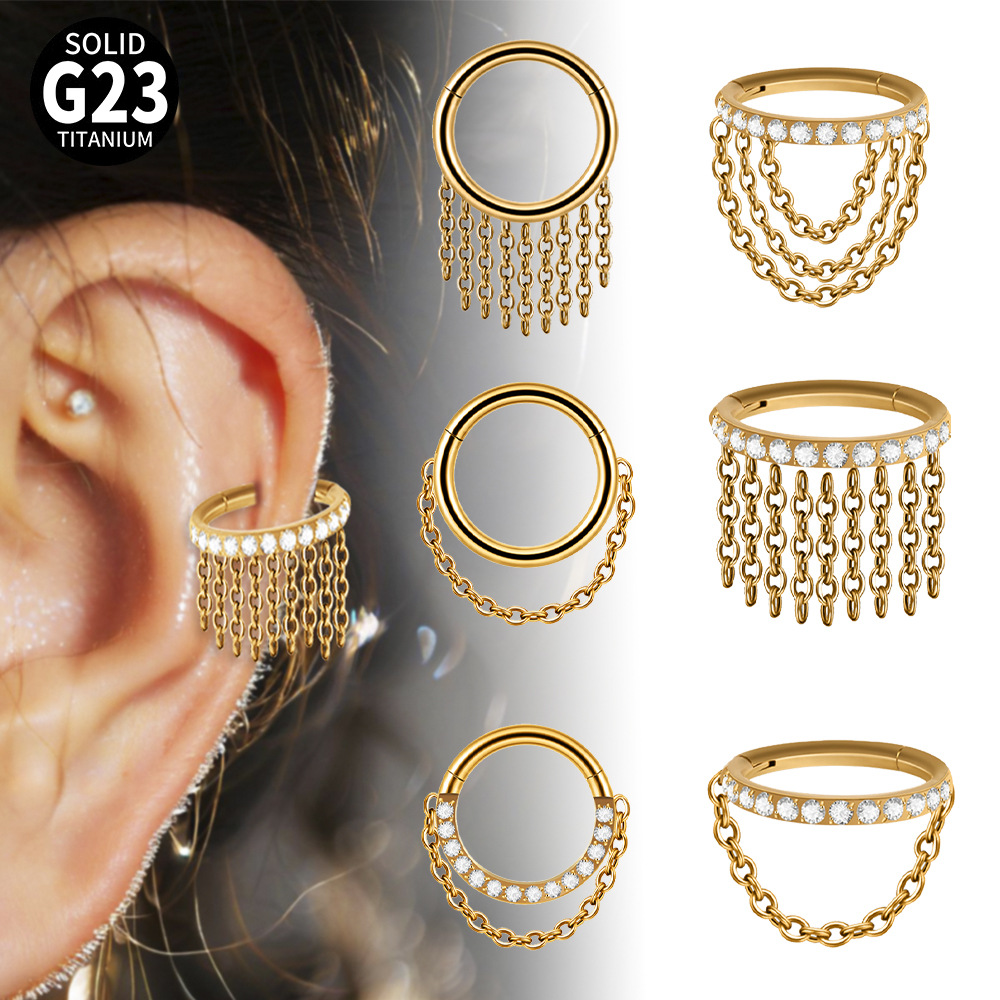Cross-border G23 Titanium Alloy European and American Pendant Chain Nose Ring Gold Electroplated Zircon Split Ring Body Puncture Earrings