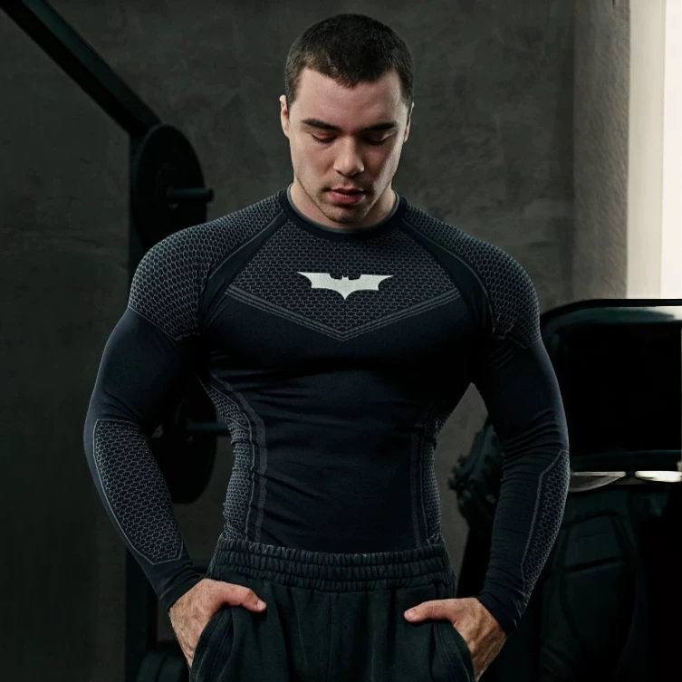 YOONGLA collaboration Batman men's long sleeved jogging, fitness, quick drying, breathable and elastic tight fitting training clothes