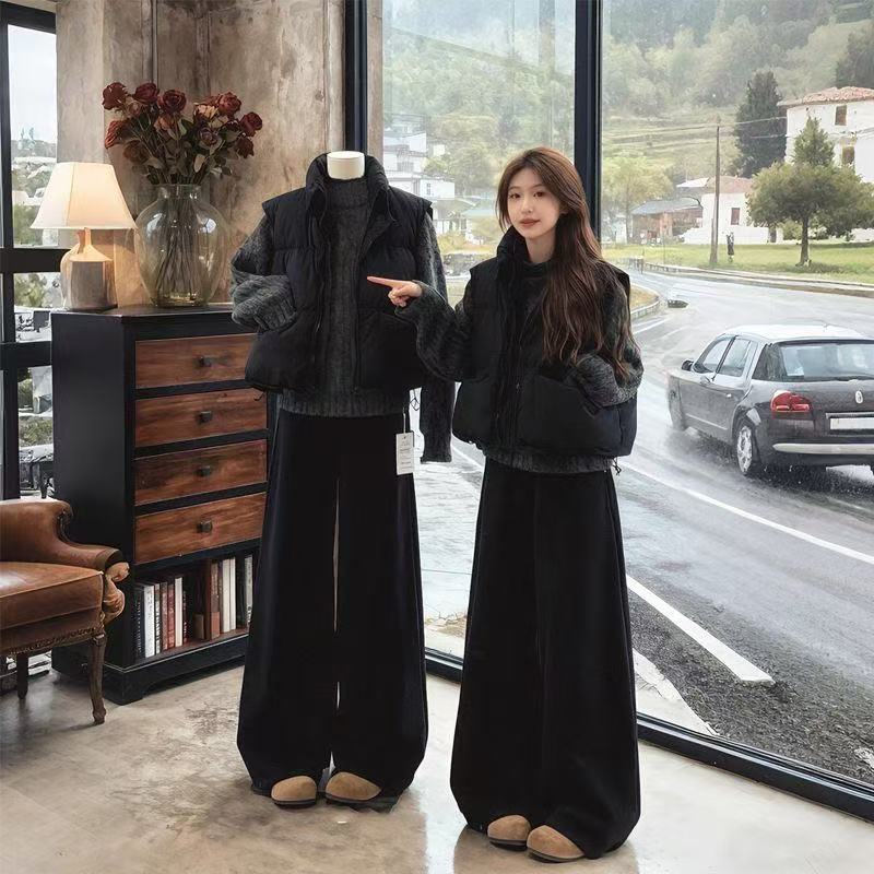 Three-Piece Winter Outfit Korean Style Retro College Style Turtleneck Knitted Sweater for Women + Cotton Vest Jacket + Black Trousers