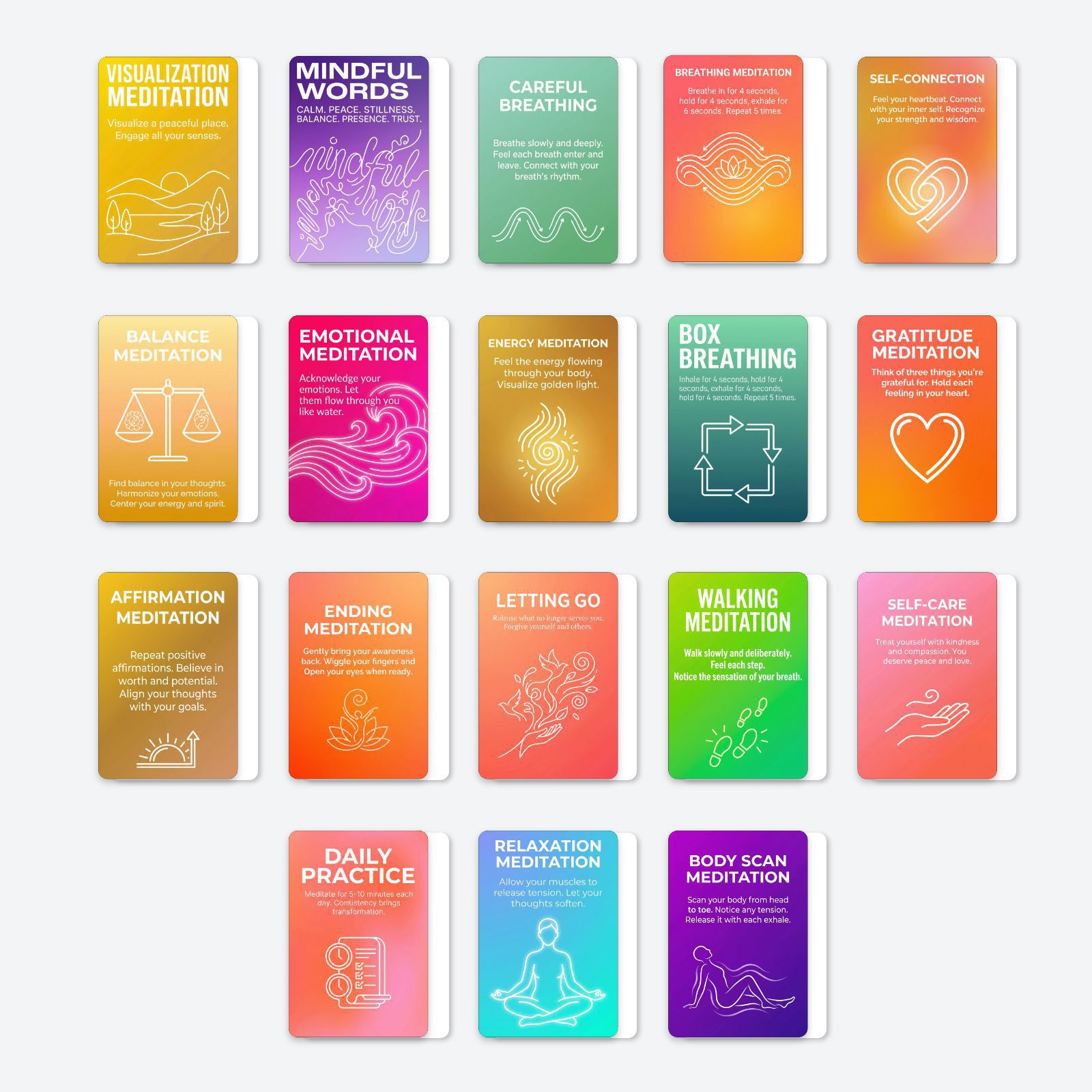 18 Soothing Meditation Therapy Cards Containing Various Types of Meditation Techniques to Aid Daily Relaxation and Promote Physical and Mental Relaxation